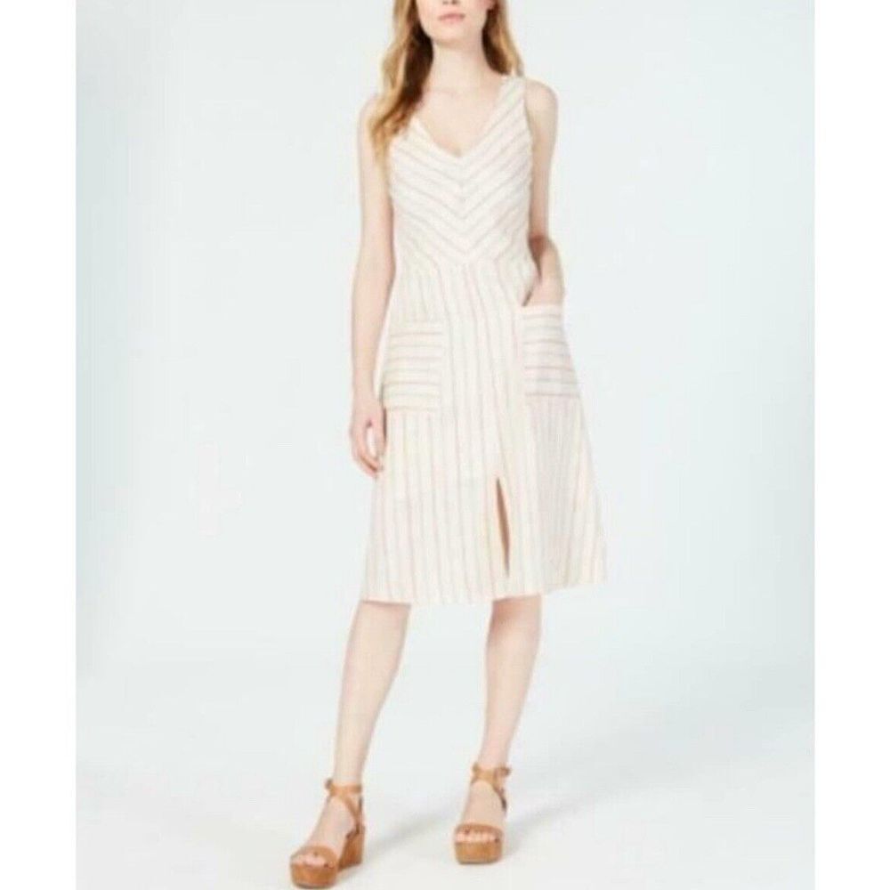 Monteau Linen Blend Pinstripe Sundress Natural Ivory Sleeveless Size Large New